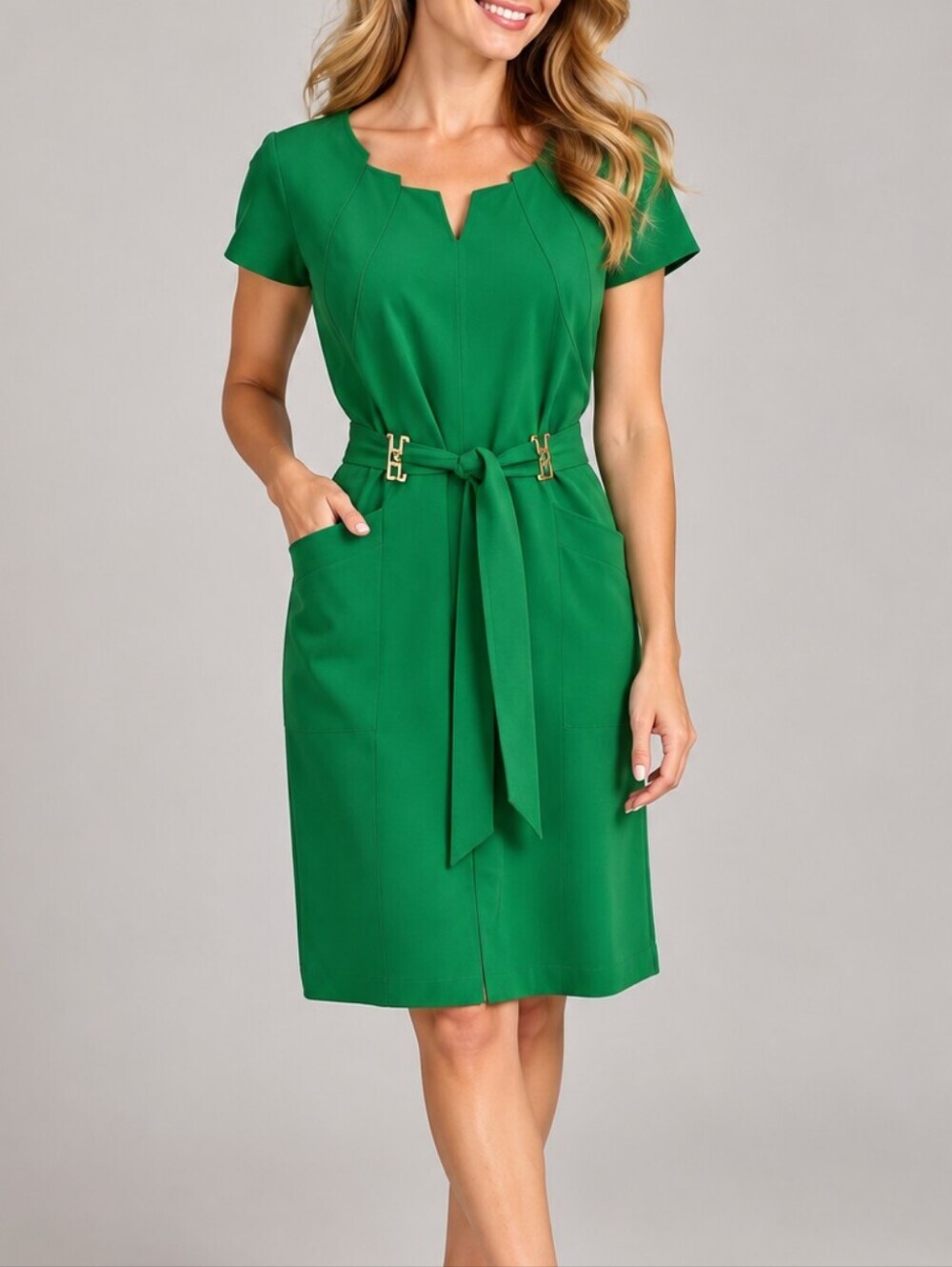 Ellen TRACY Green Safari Utility Bow Tie Waist Tailored Longline Dress